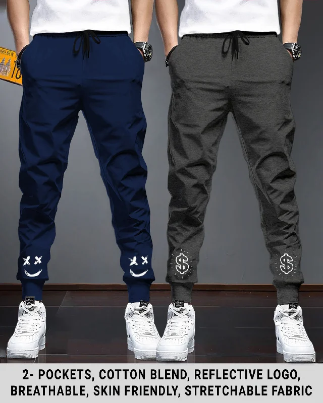 Men Cotton Sports Cuff Ankle Joggers Combo (Pack of 2) | NavyBlue | CharcoalBlack