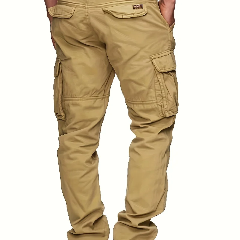 Cotton Solid Multi Flap Pockets Men's Straight Leg Cargo Pants, Loose Casual Outdoor Pants, Men's Work Pants For Hiking Fishing Angling