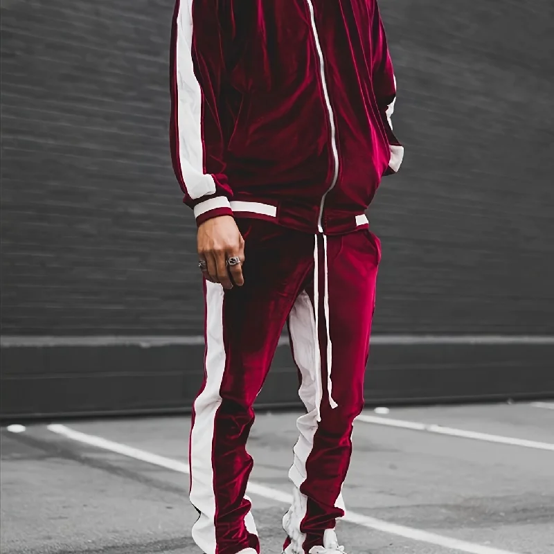 kkboxly  Classic Velvet Men's Athletic 2Pcs Tracksuit Set Casual Full-Zip Sweatsuits Long Sleeve Jacket And Jogging Pants Set For Gym Workout Running