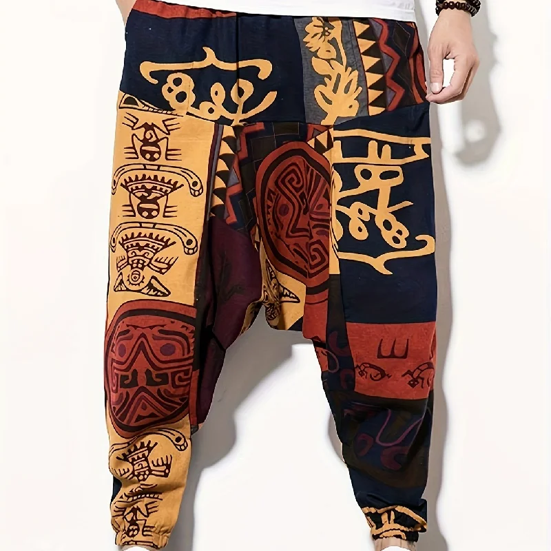 kkboxly  Cotton & Linen Blend Men's Drawstring Harem Pants Beach Pant Bohemian Pattern Casual Baggy Pants Streetwear Hiphop Rapper Style