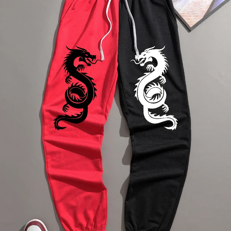 kkboxly  Dragons Print, Men's Two Color Splicing Drawstring Sweatpants, Pocket Breathable Casual Jogger Pants, Mens Clothing