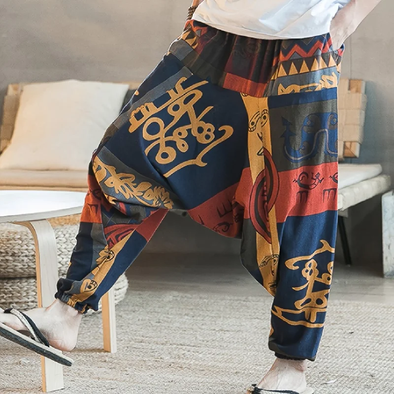 kkboxly Ethnic Pattern Vintage Cotton Harem Pants, Men's Casual Drop Crotch Jogging Harem Pants For Spring Summer