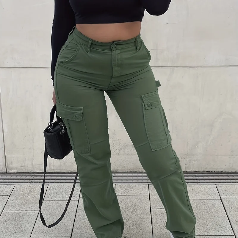 kkboxly  Flap Pockets High Waist Cargo Pants, High Rise Straight Legs Denim Pants, Y2K & Kpop Style, Women's Denim Jeans & Clothing