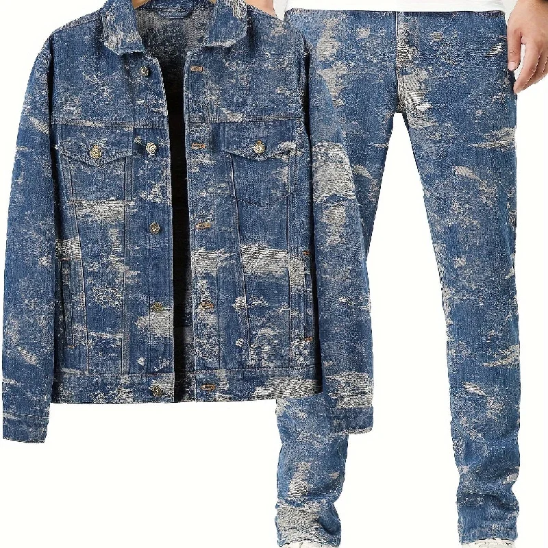 kkboxly  Men's Casual Jacquard Set, Turndown Collar Chest Pocket Jacket And Loose Trendy Straight Leg Pants For Spring Autumn