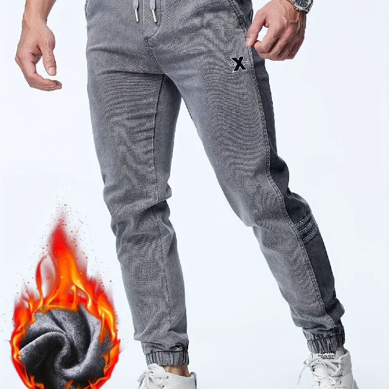 kkboxly  Men's Casual Letter Embroidery Tapered Harem Pants, Chic Warm Thick Casual Pants For Fall Winter