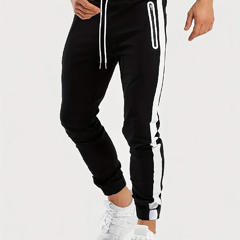 kkboxly  Men's Chic Zipper Pockets Casual Pants, Waist Drawstring Stretch Joggers Sweatpants