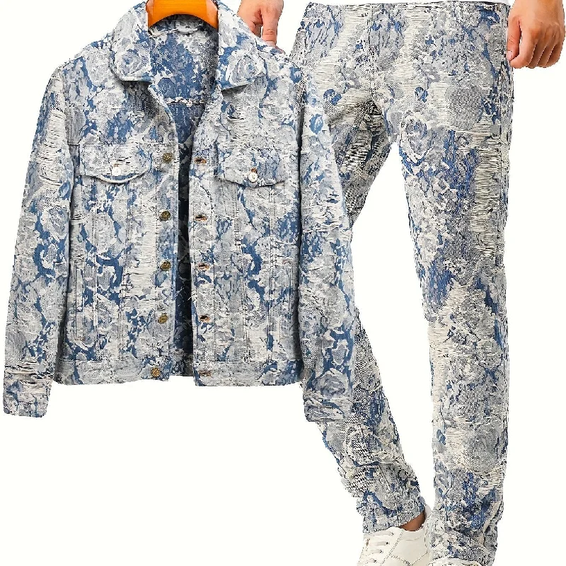 kkboxly  Men's Jacquard 2pcs, Trendy Lapel Long Sleeve Jacket And Straight Leg Stylish Pants For Spring And Autumn