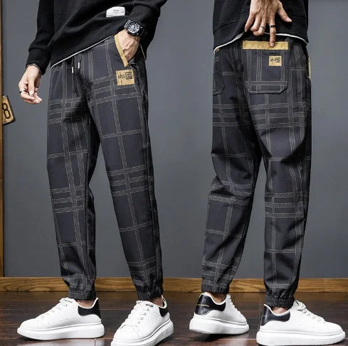 kkboxly  Men's Retro Plaid Joggers, Casual Stretch Waist Drawstring Sports Pants For Leisure Activities