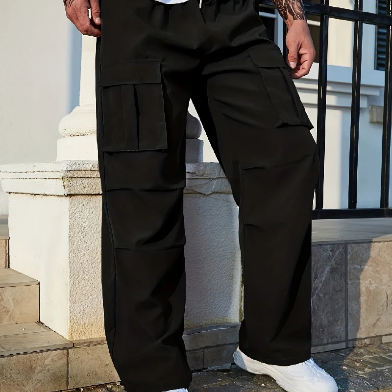 kkboxly  Men's Solid Cargo Pants With Multi Pockets, Active Straight Leg Loose Pants For Outdoor