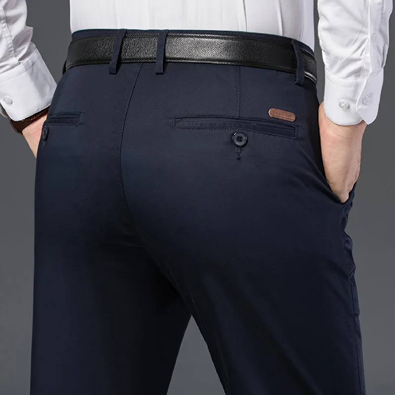 kkboxly  Men's Stylish Solid Pants With Pockets, Formal Breathable Slim-fit Men's Bottom Clothing For Outdoor Activities