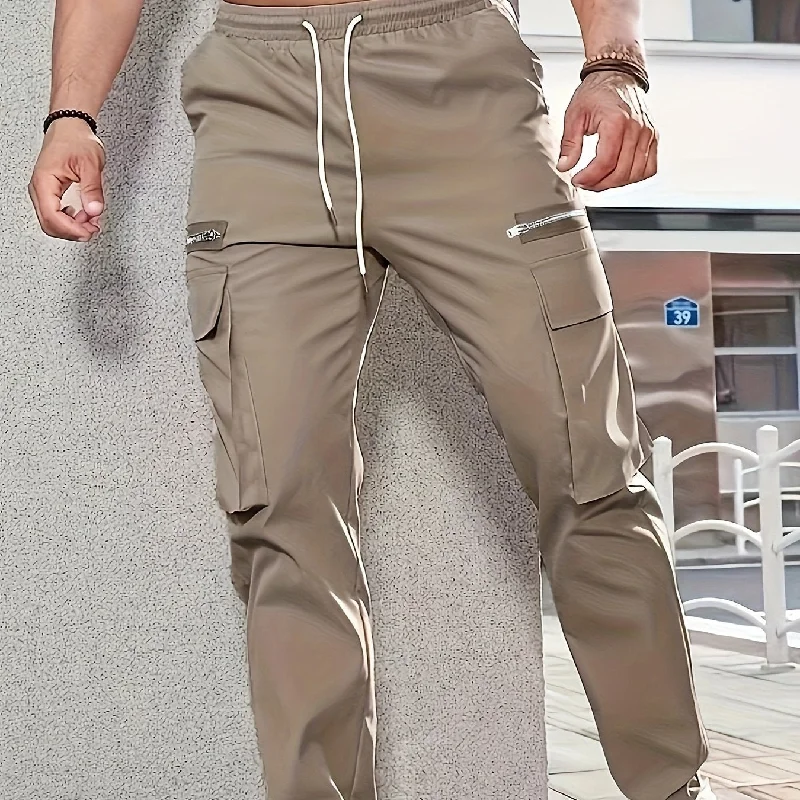 kkboxly Men's  Trendy Solid Tactical Pants, Casual Multi Pockets Trousers For Outdoor