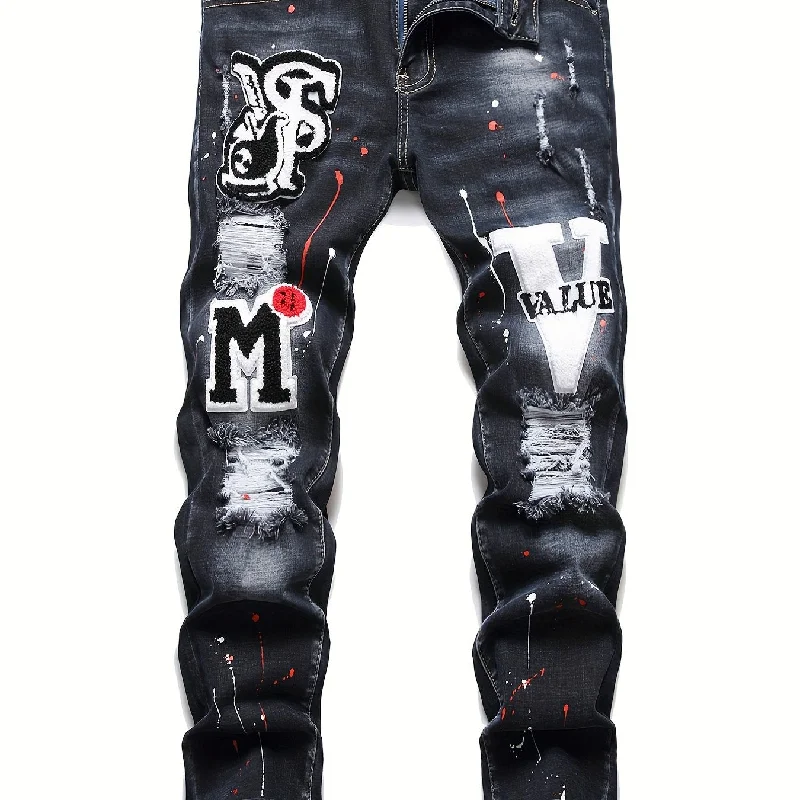 kkboxly  Patch Splatter Ripped Jeans, Men's Casual Street Style Distressed Slim Fit High Stretch Denim Pants For Spring Summer