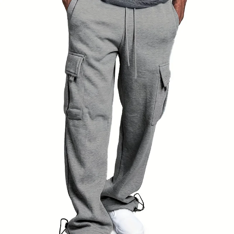 kkboxly  Plus Fleece Warm Men's Solid Loose Drawstring Cargo Pants With Multi-pocket For Winter Outdoor, All-match Pants