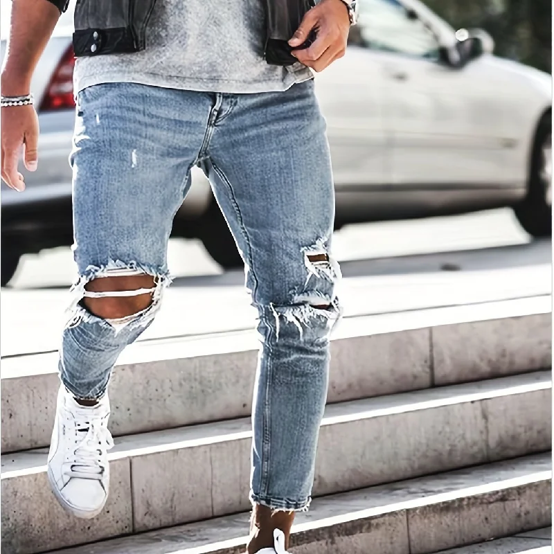 kkboxly  Slim Fit Ripped Jeans, Men's Casual Street Style Distressed Mid Stretch Denim Pants For Spring Summer