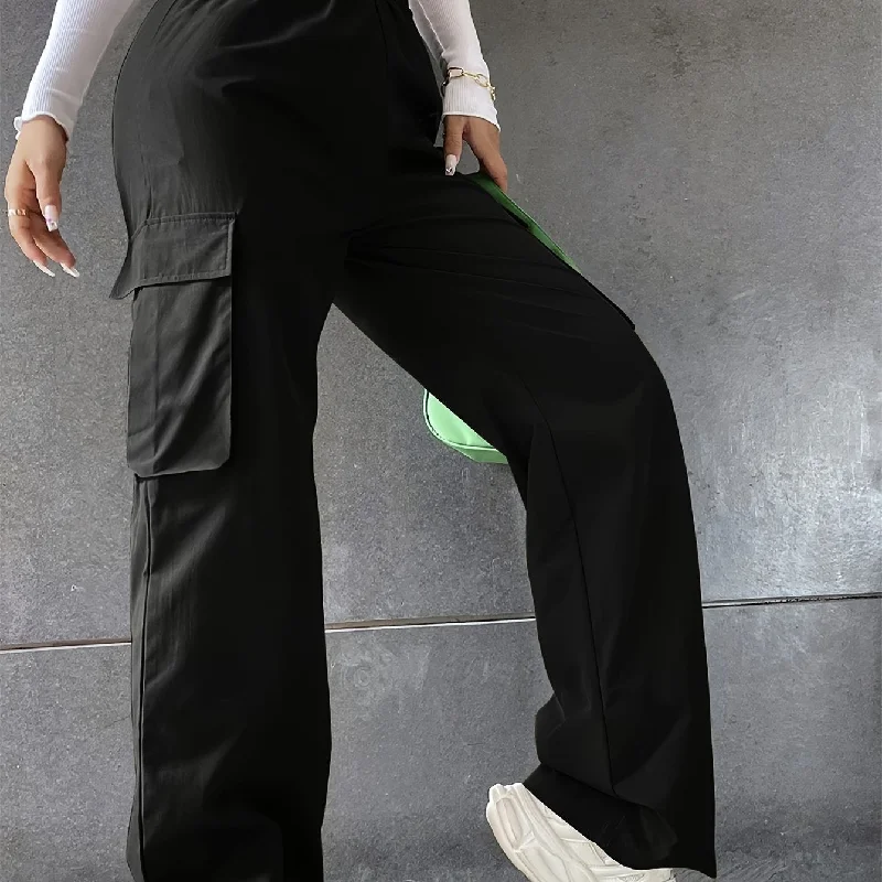 kkboxly  Solid Flap Pocket Loose Cargo Pants, Casual Elastic Waist Versatile Pants, Women's Clothing