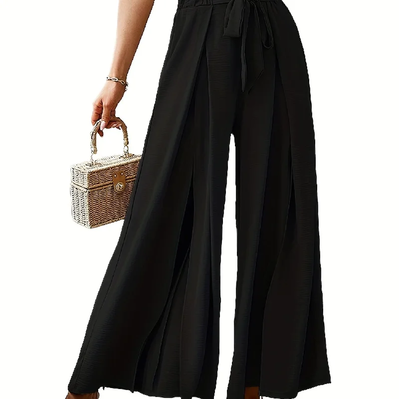 kkboxly  Solid Tied High Waist Pants, Casual Pleated Wide Leg Pants For Spring & Fall, Women's Clothing