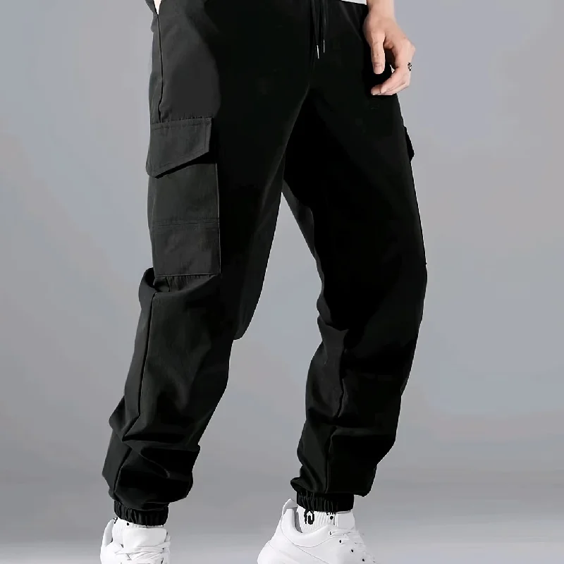 kkboxly  Trendy Solid Cargo Pants, Men's Multi Flap Pocket Drawstring Trousers, Loose Casual Outdoor Pants, Men's Work Pants Outdoors Streetwear Hip Hop Style