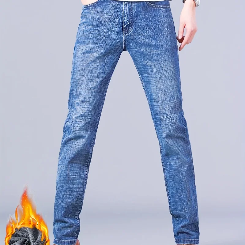 kkboxly  Warm Fleece Straight Leg Jeans For Business, Men's Semi-formal Denim Pants For Fall Winter