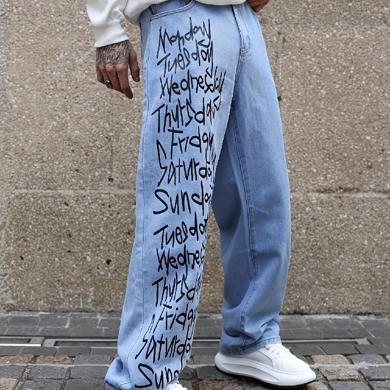 Letter Print Loose Fit Jeans, Men's Casual Street Style Wide Leg Denim Pants For All Seasons