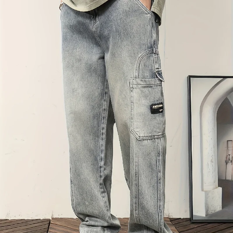 Men's Stylish Vintage Style Loose Denim Pants With Pockets, Casual Breathable Cotton Blend Straight Leg Jeans For Spring Fall