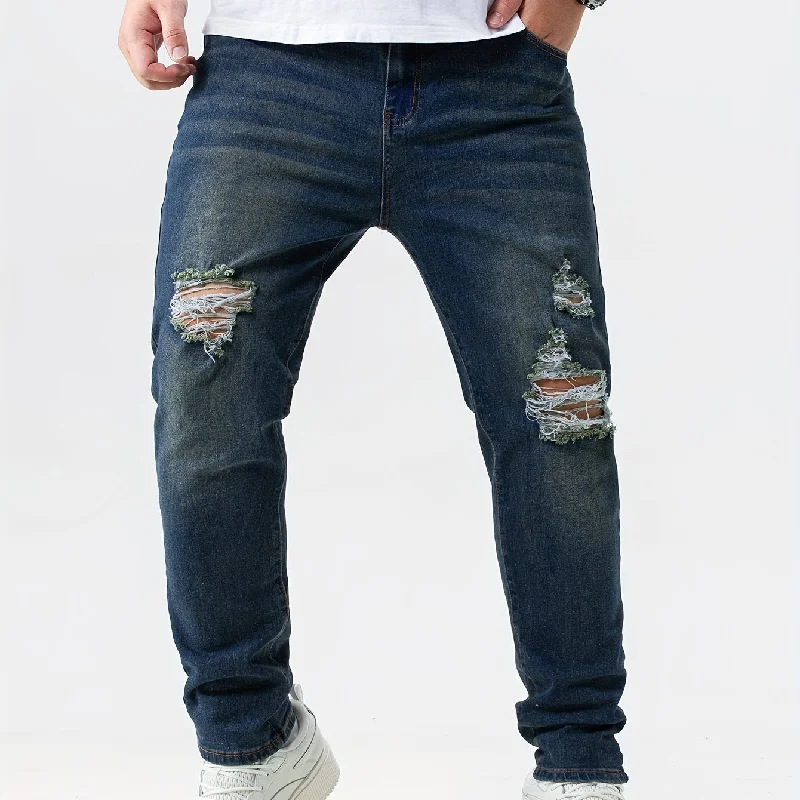 Plus Size Mens Ripped Washed Jeans, Loose Oversized Denim Long Pants, Vintage & Chic Style