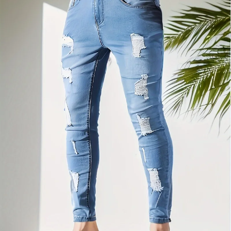 Ripped Skinny Jeans, Men's Casual Street Style High Stretch Denim Pants With Pockets