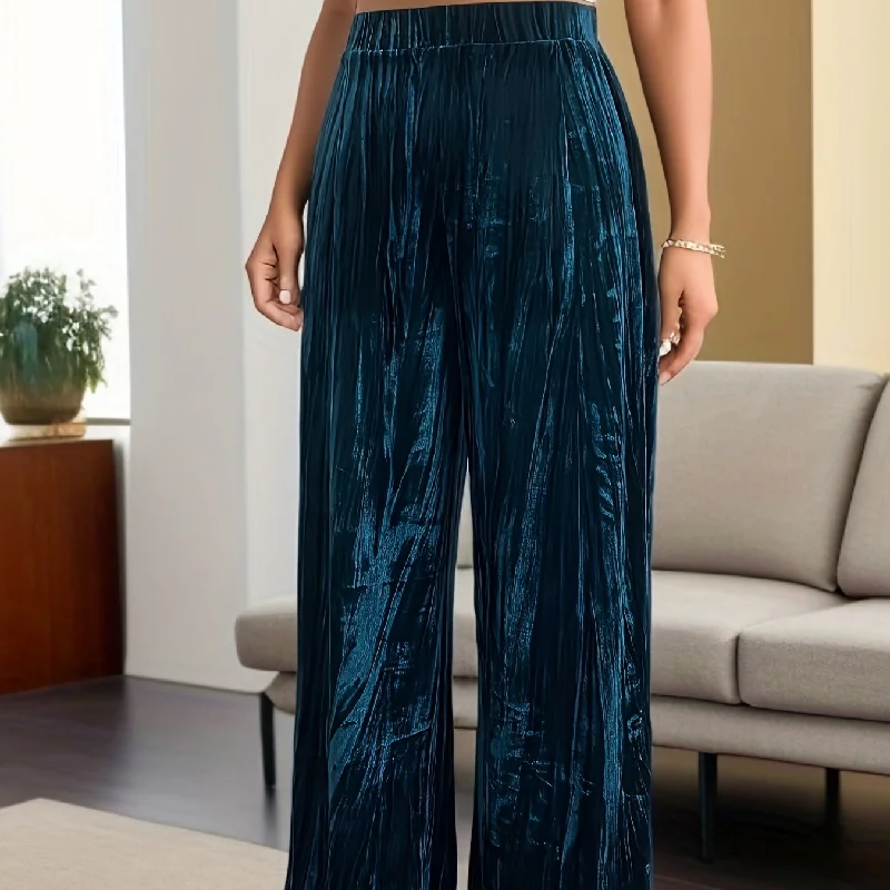 Solid Velvet Wide Leg Pants, Vintage Elastic High Waist Comfy Pants, Women's Clothing