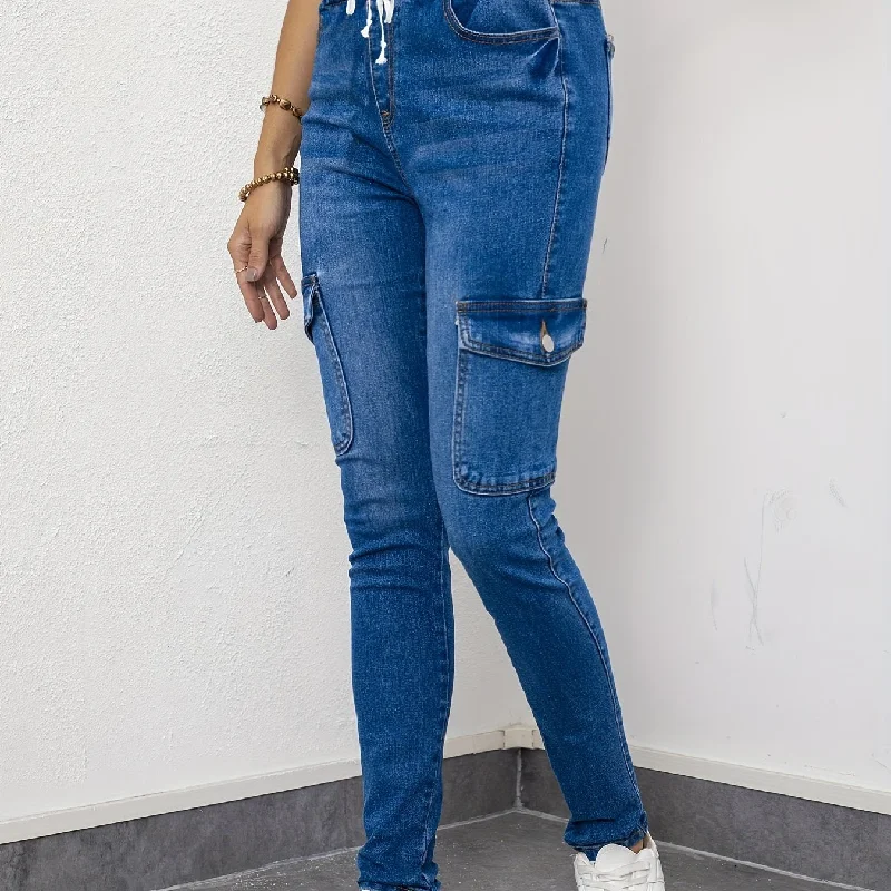 Blue Elastic Waist Skinny Jeans, Slim Fit High-Stretch Flap Pockets Cargo Denim Pants, Y2K & Kpop Style, Women's Denim Jeans & Clothing