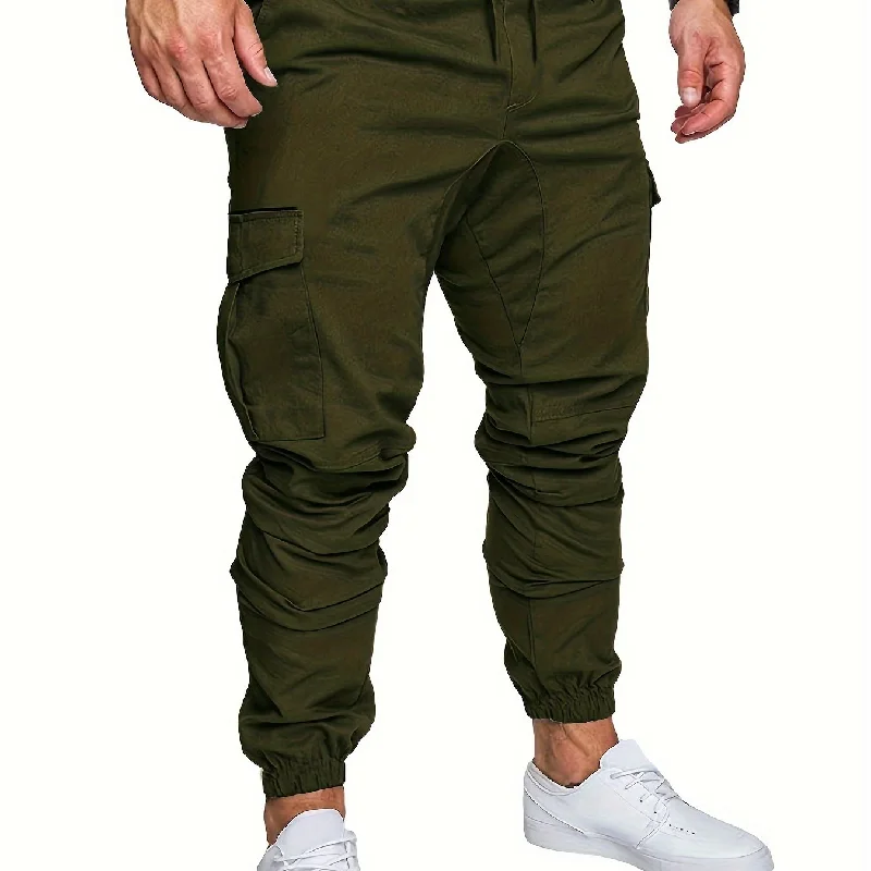 Casual Side Flap Pockets Drawstring Woven Joggers, Men's Cargo Pants For Spring Fall Outdoor