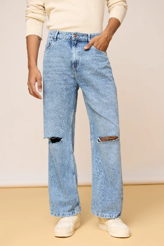 Classic Fit Distressed Wide Leg Jeans