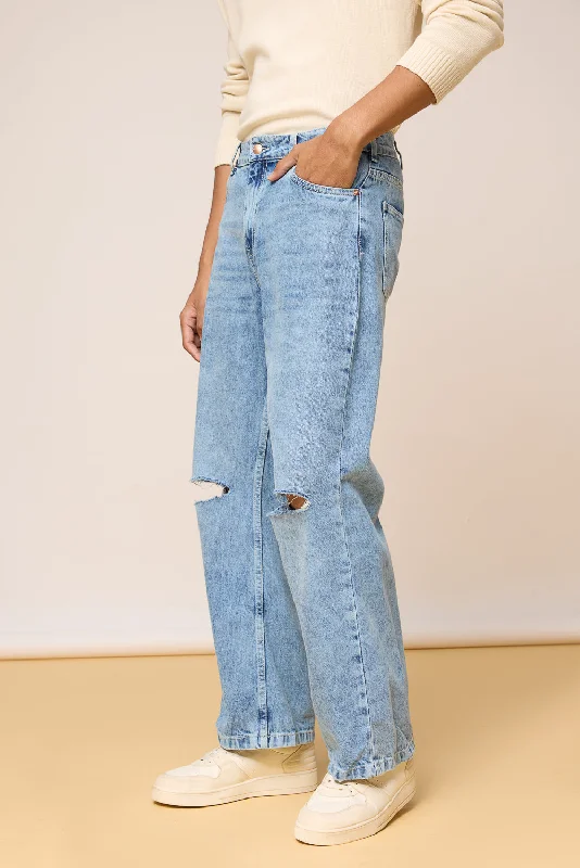 Classic Fit Distressed Wide Leg Jeans