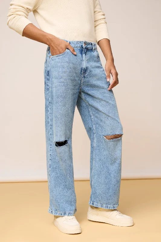 Classic Fit Distressed Wide Leg Jeans