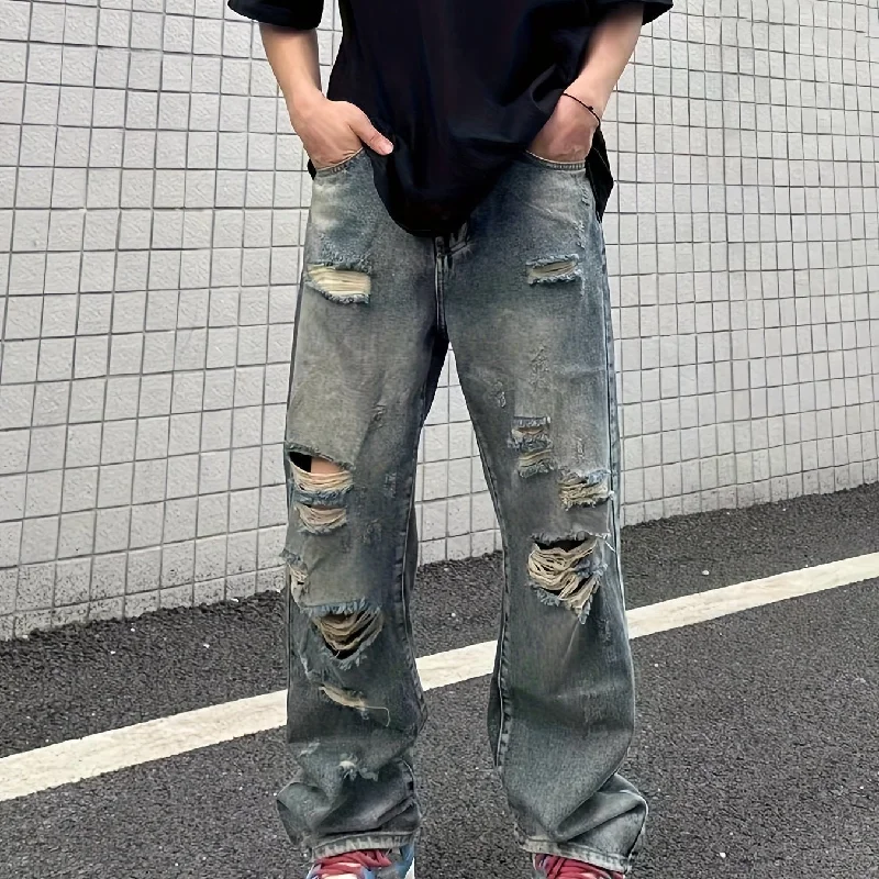 kkboxly  Baggy Ripped Cotton Jeans, Men's Casual Street Style Distressed Denim Pants For Spring Summer