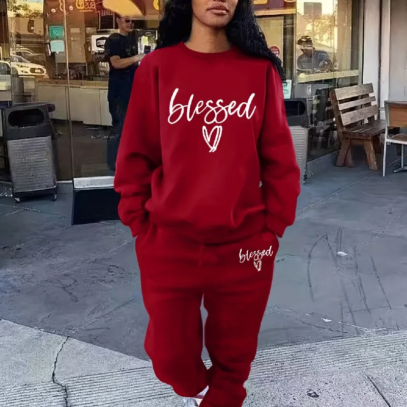 kkboxly Blessed Letter Print Casual Two-piece Set, Crew Neck Long Sleeve Tops & Drawstring Jogger Pants Outfits, Women's Clothing