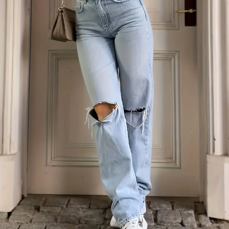 kkboxly  Blue Ripped Holes Straight Jeans, Loose Fit Slant Pockets Non-Stretch Casual Denim Pants, Women's Denim Jeans & Clothing