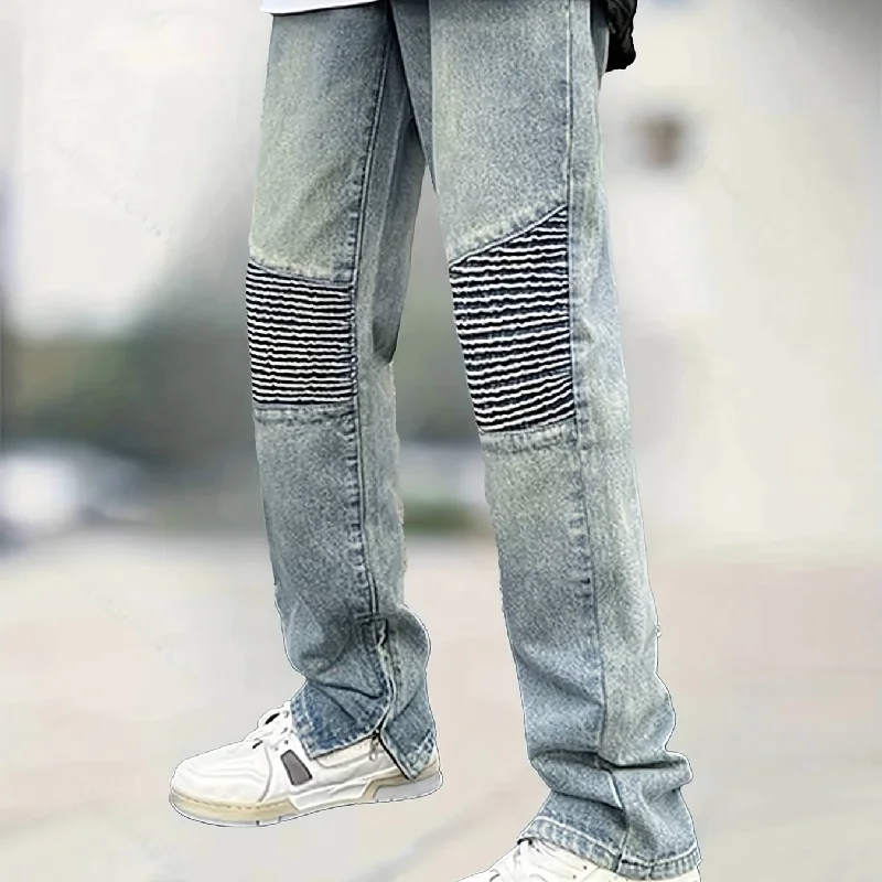 kkboxly  Chic Straight Leg Biker Jeans, Men's Casual Street Style Denim Pants For All Seasons