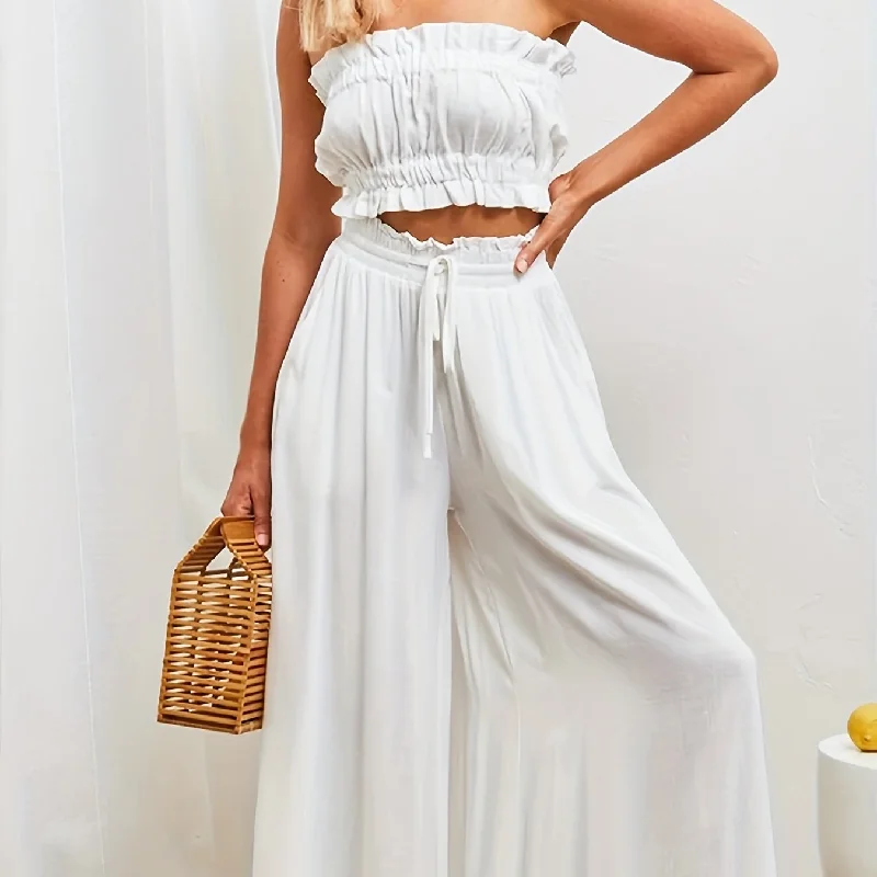 kkboxly  Drawstring Wide Leg Pants, Boho Pants For Spring & Summer, Women's Clothing