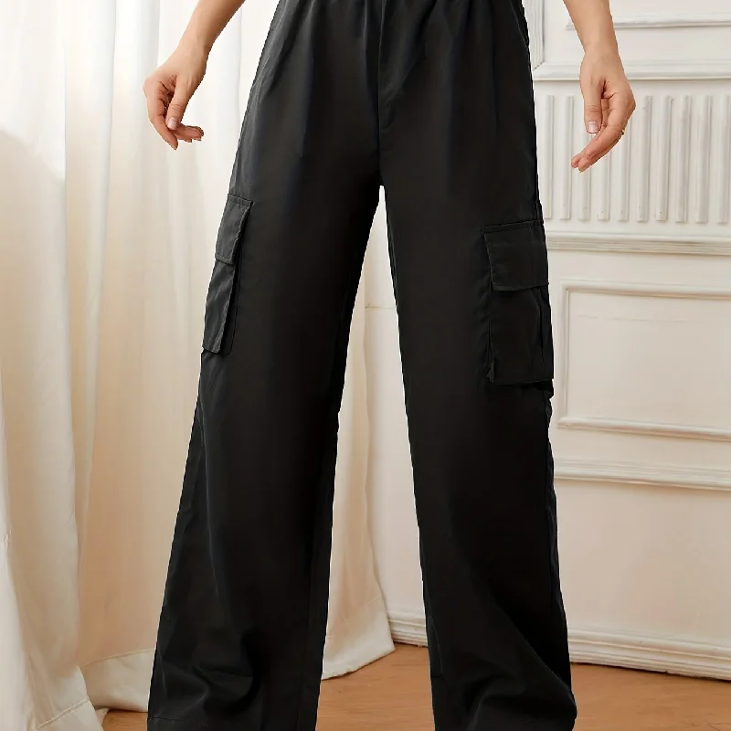 kkboxly  Flap Pockets Straight Leg Cargo Pants, Casual High Waist Pants, Women's Clothing