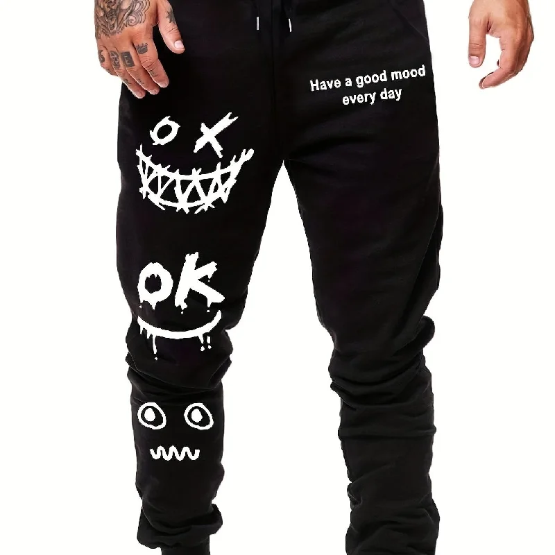 kkboxly  ''Have A Good Mood Everyday'' Facial Expression Print, Men's Drawstring Sweatpants, Pocket Casual Comfy Jogger Pants, Mens Clothing