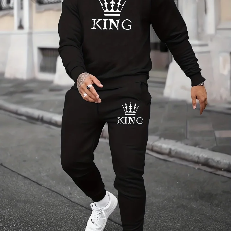 kkboxly  KING Print, Men's 2Pcs Outfits, Casual Crew Neck Long Sleeve Pullover Sweatshirt And Drawstring Sweatpants Joggers Set For Spring Fall, Men's Clothing