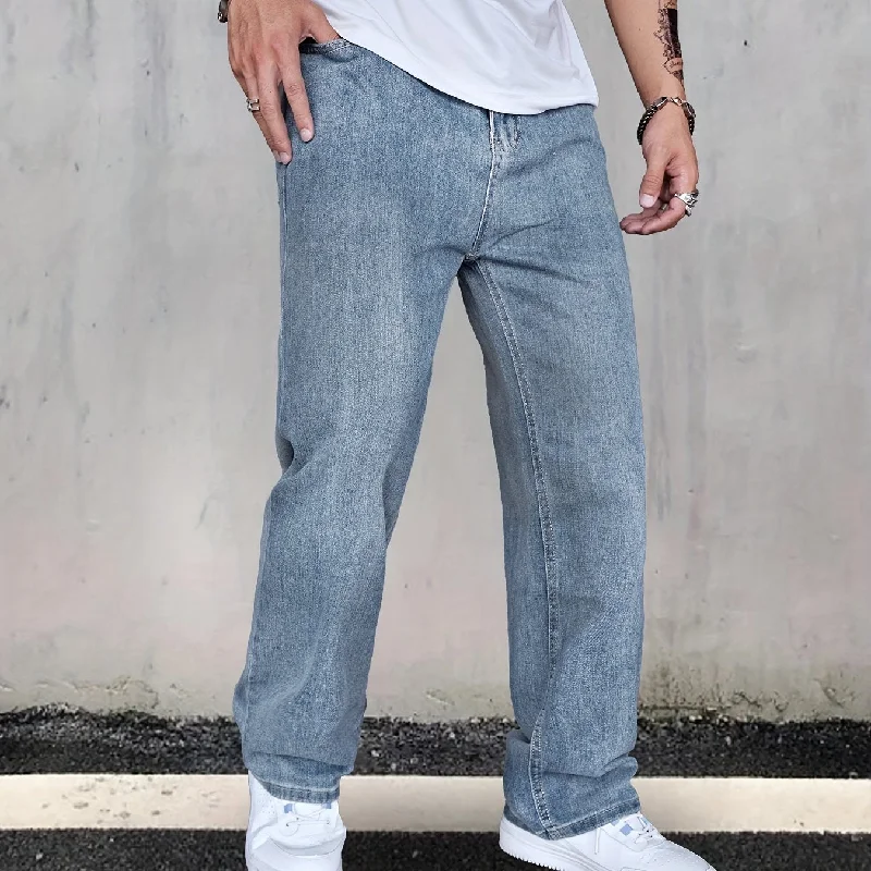 kkboxly  Loose Fit Distressed Jeans, Men's Casual Street Style Denim Pants For Summer Fall