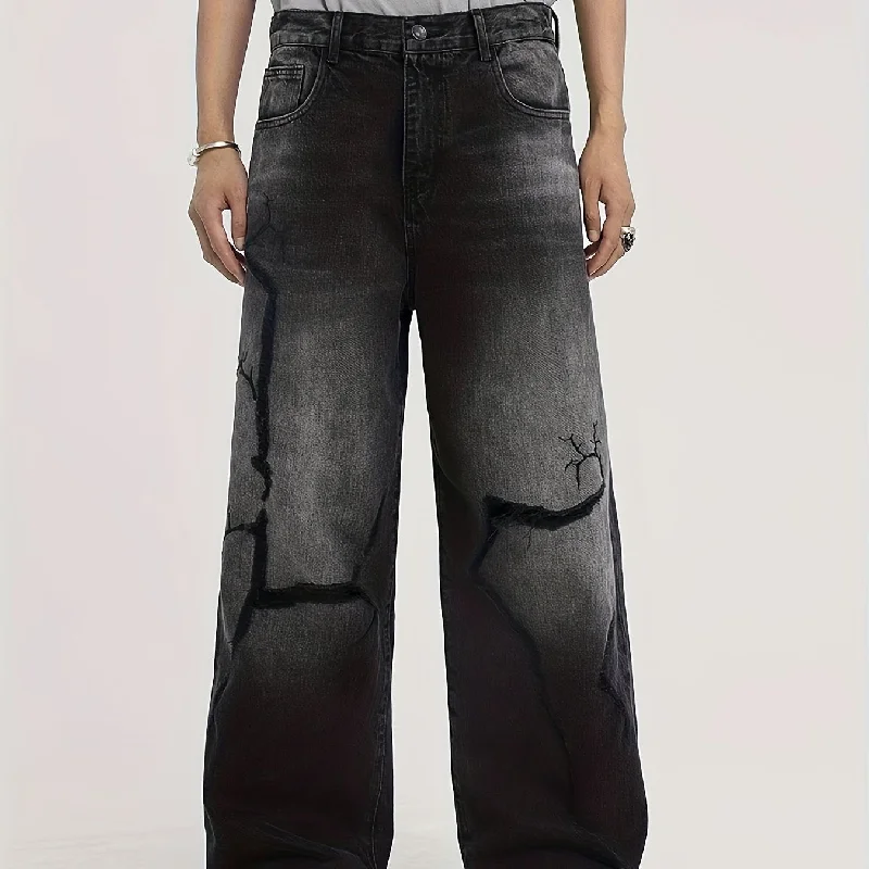 kkboxly  Men's Street Ripped Pants Design Sense Black Jeans, Male's Handsome Trend Loose Straight Pants