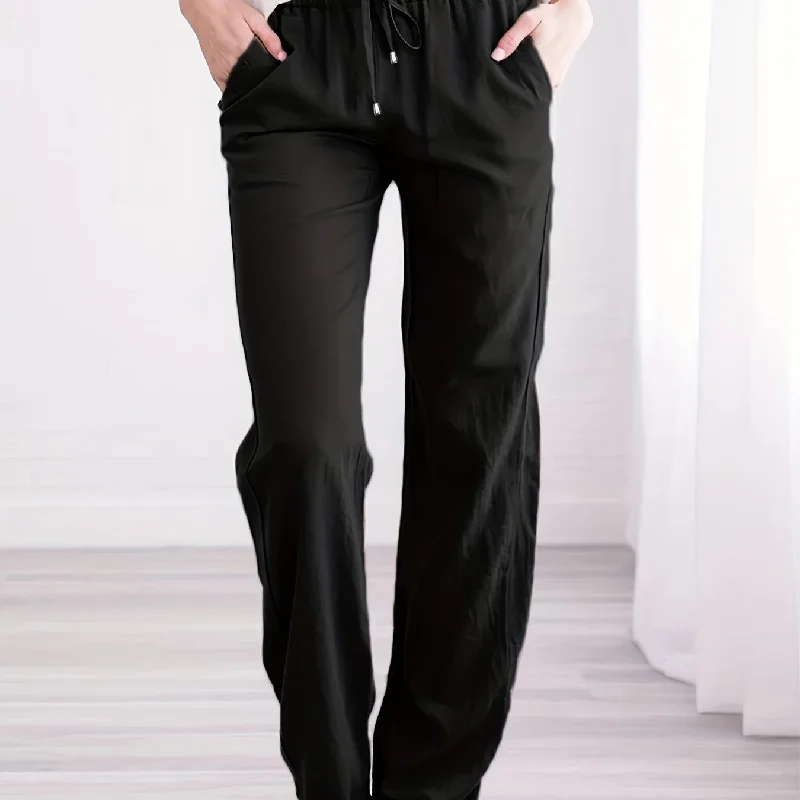 kkboxly  Plus Size Casual Pants, Women's Plus Solid Elastic Drawstring Slight Stretch Straight Leg Pants