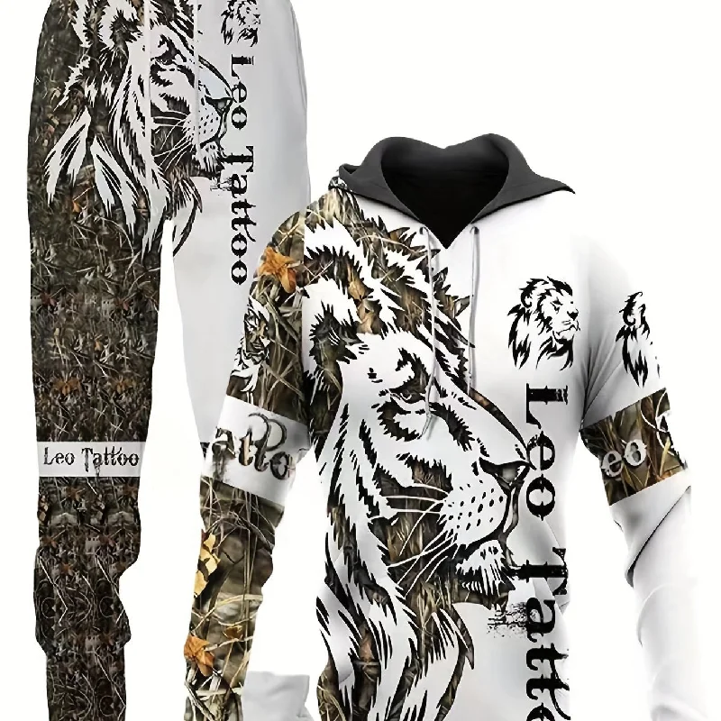 kkboxly  Plus Size Men's Wolf & Letters Graphic Print Sweatshirt & Sweatpants Set For Sports/outdoor/workout, Spring/autumn 2Pcs Tracksuit For Big & Tall Males, Men's Clothing