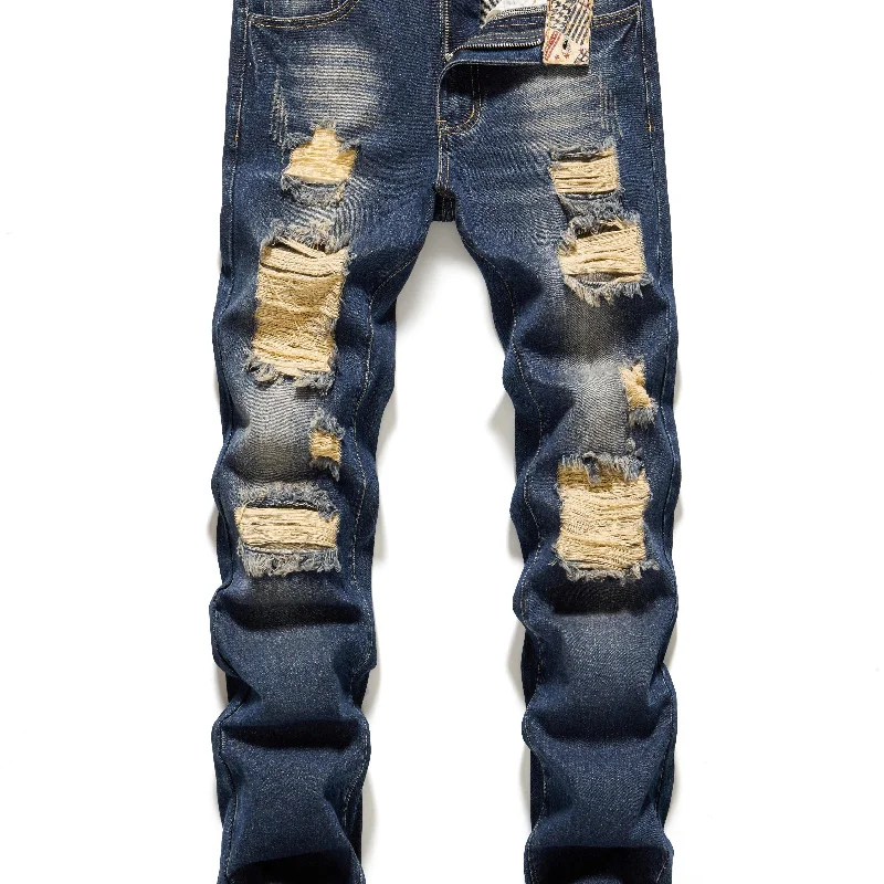 kkboxly  Regular Fit Ripped Jeans, Men's Casual Street Style Distressed Denim Pants For All Seasons