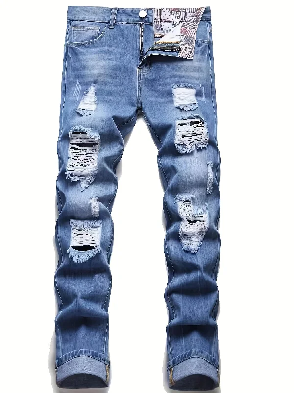 kkboxly  Regular Fit Ripped Jeans, Men's Casual Street Style Distressed Denim Pants For All Seasons