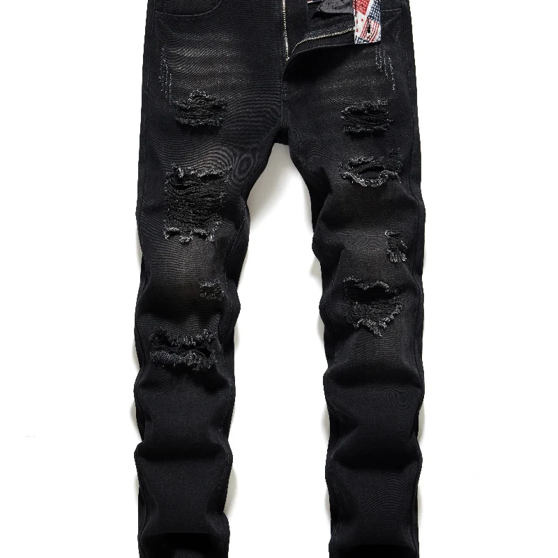 kkboxly  Regular Fit Ripped Jeans, Men's Casual Street Style Distressed Denim Pants For All Seasons