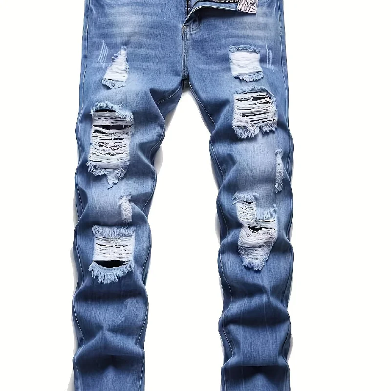 kkboxly  Regular Fit Ripped Jeans, Men's Casual Street Style Distressed Denim Pants For All Seasons