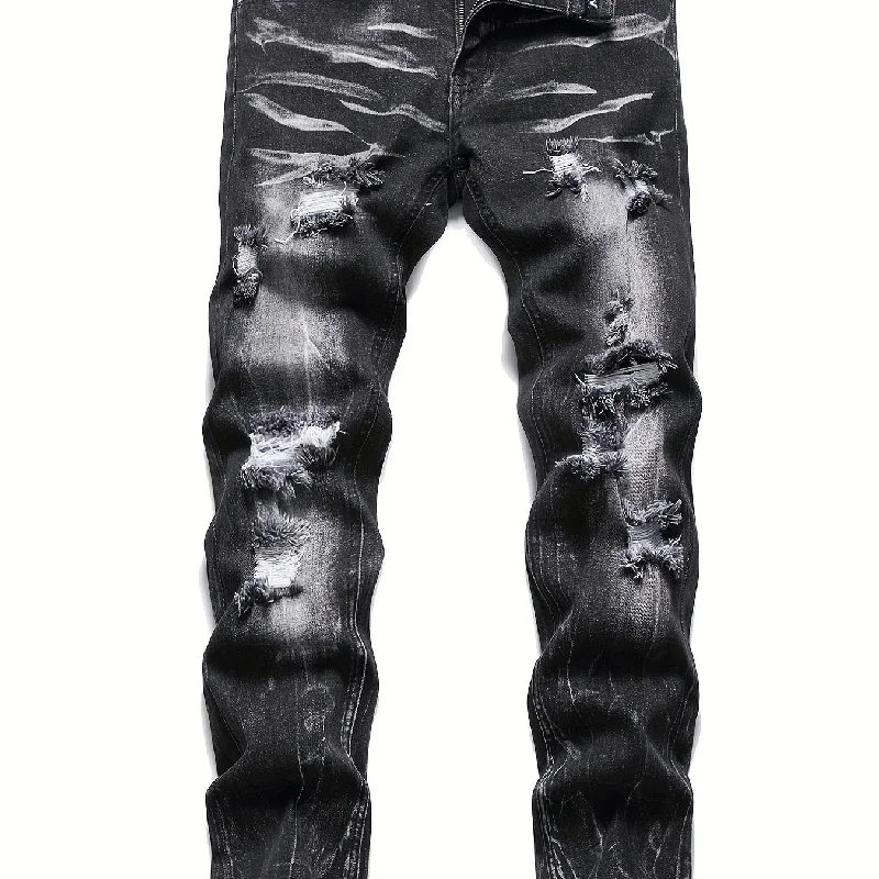 kkboxly  Ripped Washed Design Slim Fit Jeans, Men's Casual Street Style High Stretch Denim Pants For Spring Summer