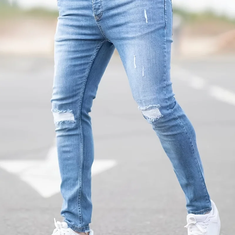 kkboxly  Slim Fit Ripped Jeans, Men's Casual Street Style Distressed Mid Stretch Denim Pants For Spring Summer